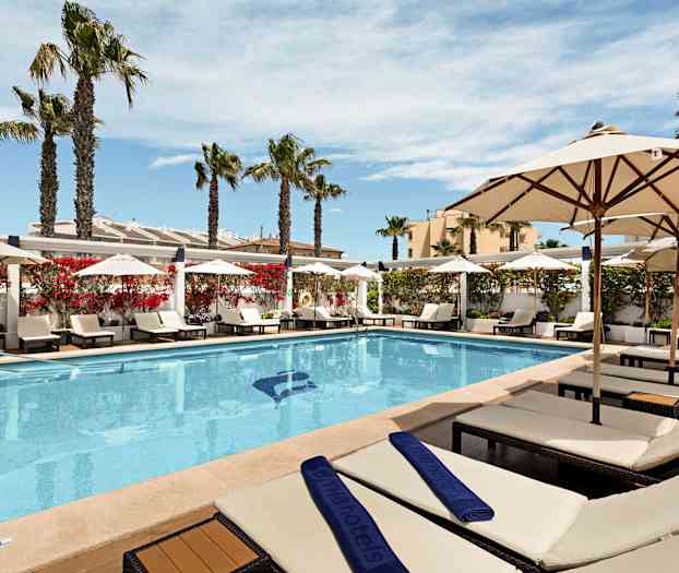 Utomhuspool med solstolar och parasoller vid sidan av omgiven av palmer och blommande buskar. (AI-genererad text)