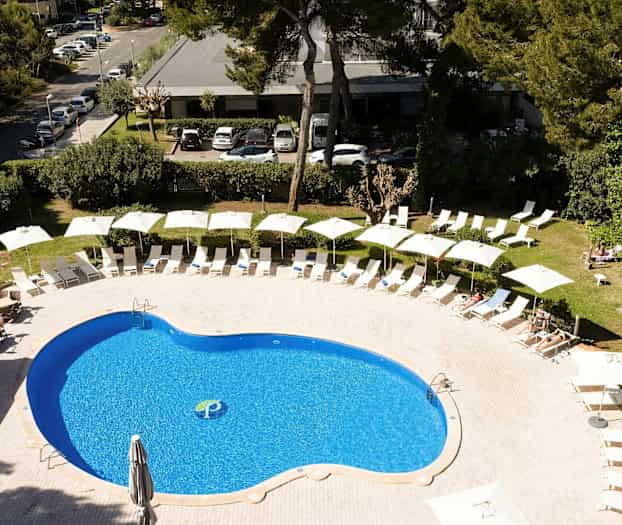 En utomhuspool omgiven av solstolar och parasoller, med en närliggande grönskande trädgård. (AI-genererad text)