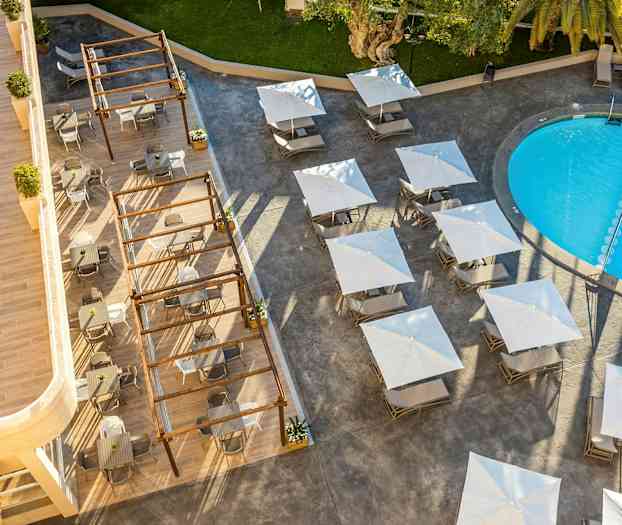 Vy från ovan av en utomhuspool, bord med parasoller och sittplatser. (AI-genererad text)