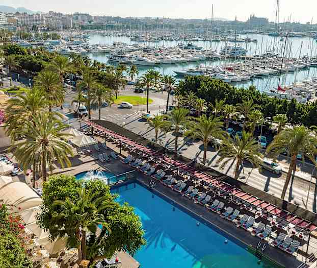 Vy över en utomhuspool omgiven av solstolar och parasoller, med en gata kantad av palmer och en marina full av båtar i bakgrunden. (AI-genererad text)
