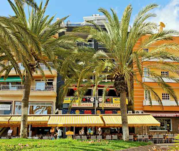 En byggnad med restauranger och affärer samt palmer framför. (AI-genererad text)