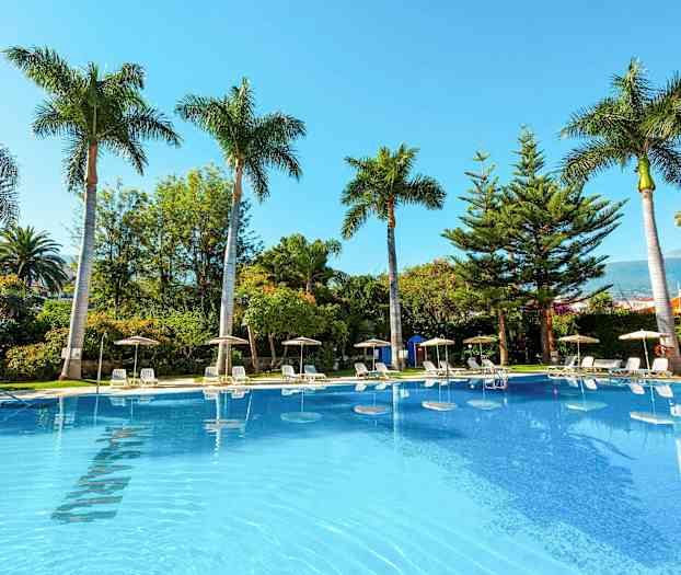 Bild av en utomhuspool omgiven av solstolar, parasoller och palmer. (AI-genererad text)