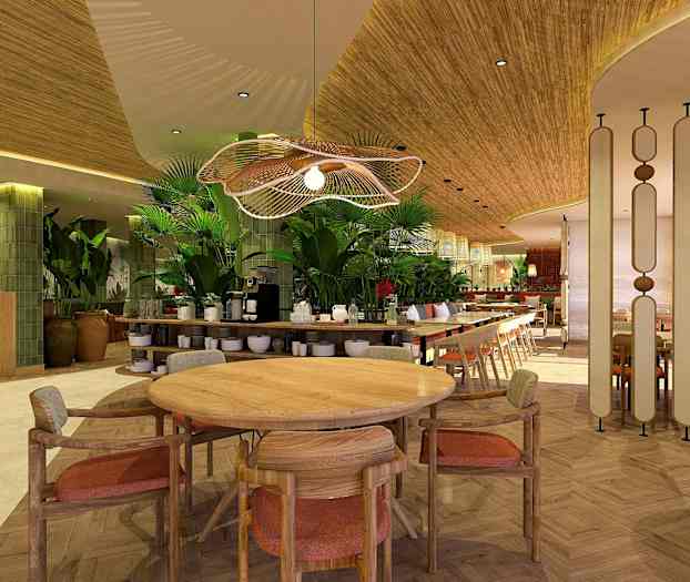 Inomhusbild av en modern restaurang med trädetaljer och gröna växter, inklusive en rund träbord med stolar. (AI-genererad text)