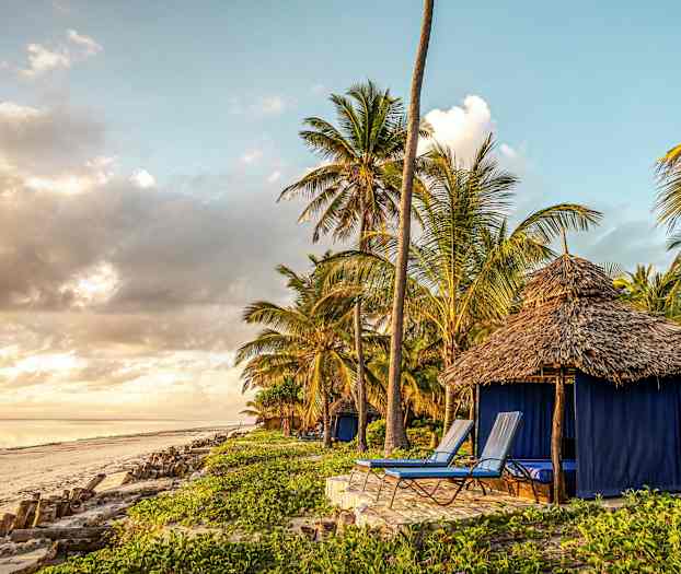 En strand med en hydda nära palmer och solstolar. (AI-genererad text)