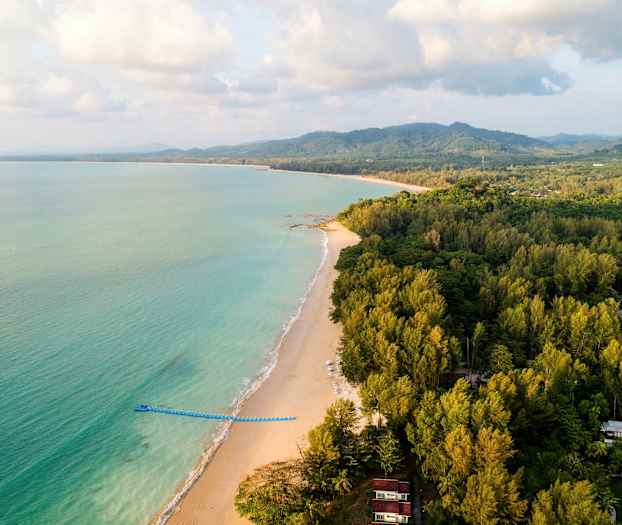 Strand med gröna skogsområden och hav. (AI-genererad text)