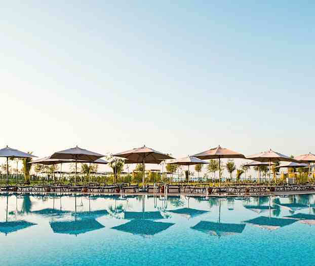 En swimmingpool med solstolar och parasoller vid kanten. (AI-genererad text)