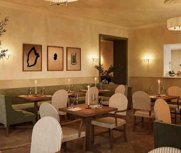 En elegant restaurang med bord, stolar och konstverk på väggarna. (AI-genererad text)