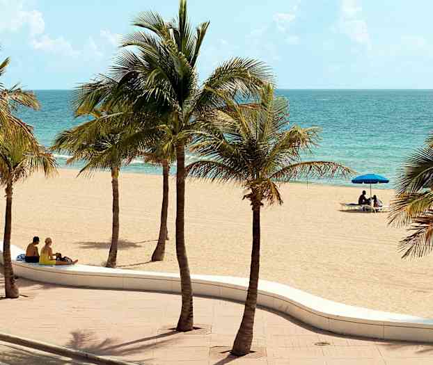 En sandstrand med palmer och ett par sittandes på en bänk nära stranden. (AI-genererad text)