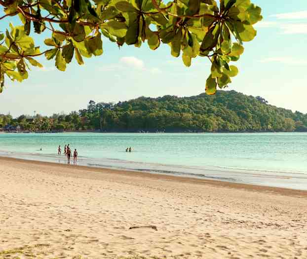 En sandstrand med människor, havet och en skogig ö i bakgrunden. (AI-genererad text)