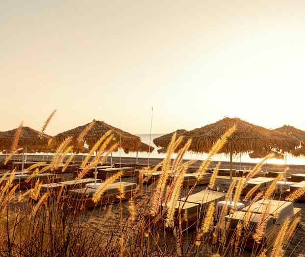 Bild av solstolar och parasoller vid en sandstrand under solnedgången. (AI-genererad text)