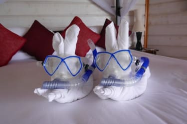 På en säng ligger två vita handdukar vikta som kaniner, med snorkel och cyklop.