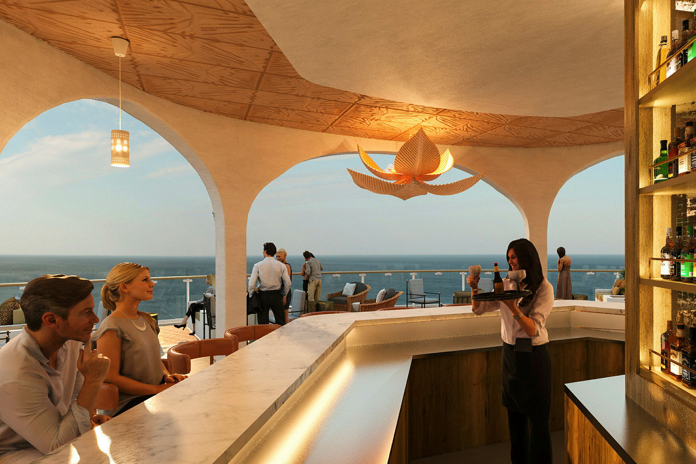 En restaurang med utsikt över havet och modern inredning. (AI-genererad text)