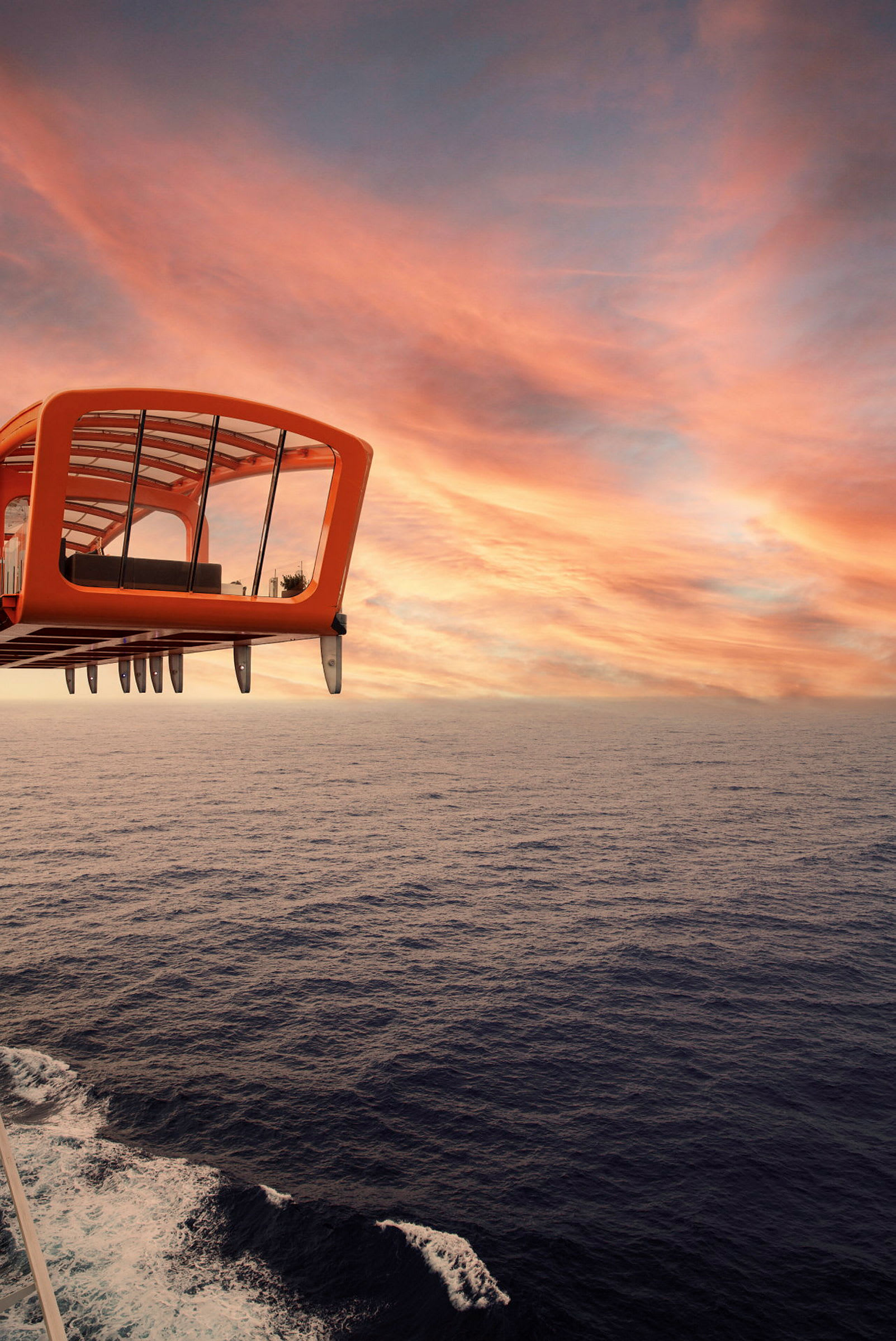 En orange struktur med glasväggar svävar ovanför havet mot en himmel med rosa och orange nyanser. (AI-genererad text)