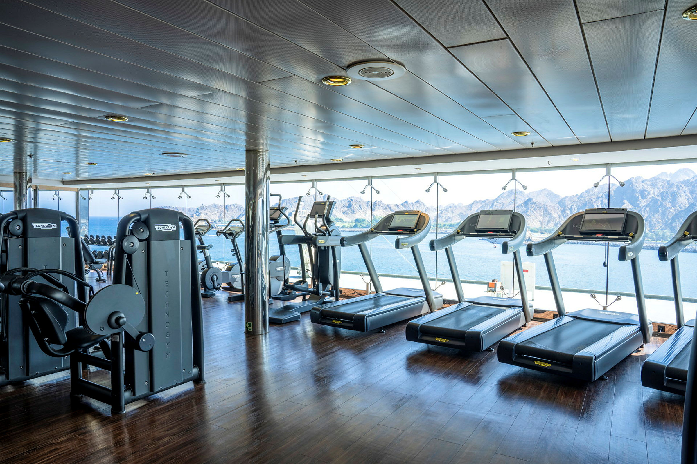 Ett gym med konditionsmaskiner och styrketräningsutrustning, med en panoramautsikt över hav och berg. (AI-genererad text)