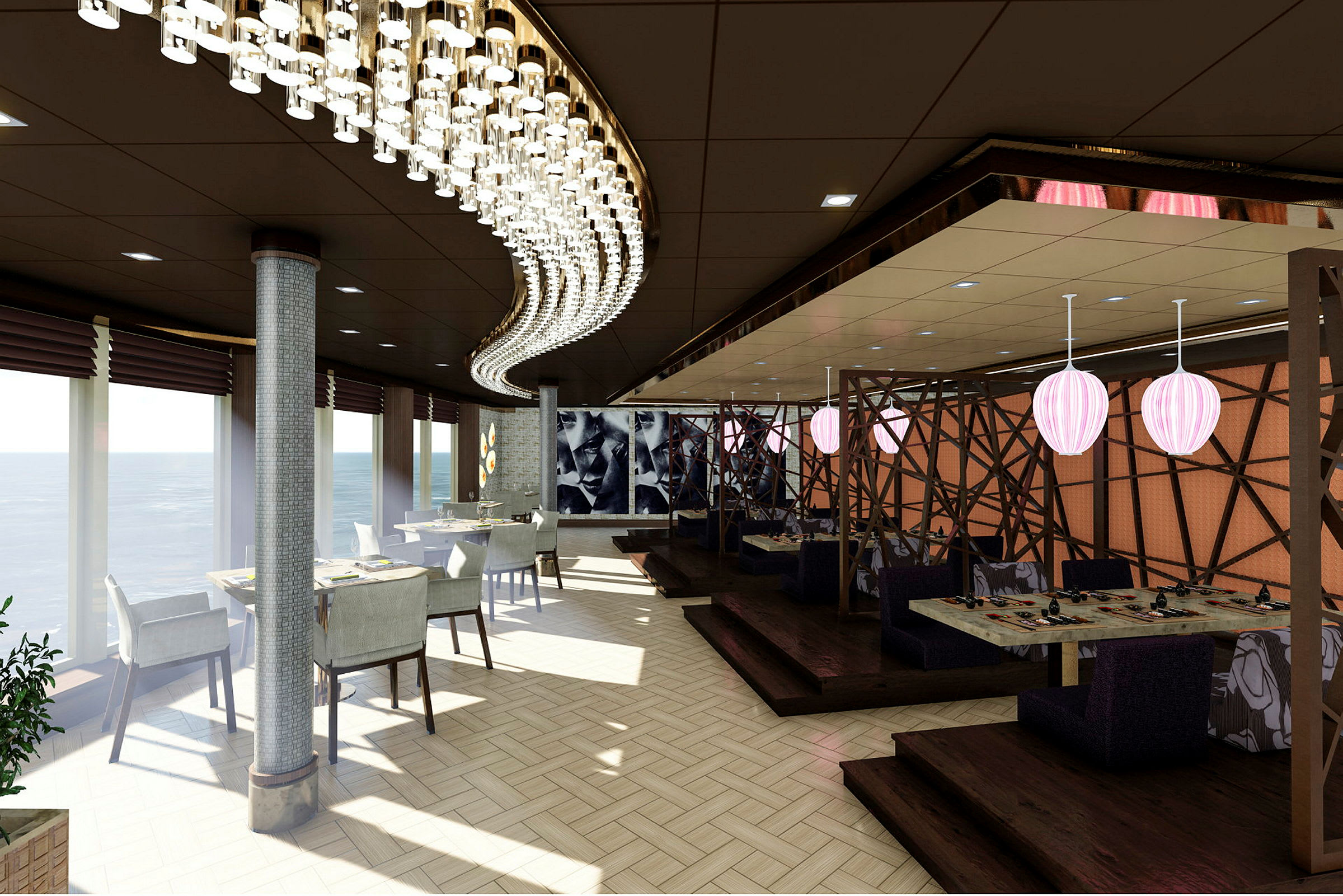 En restaurang med panoramautsikt över havet, stilfull inredning och moderna ljuskällor. (AI-genererad text)
