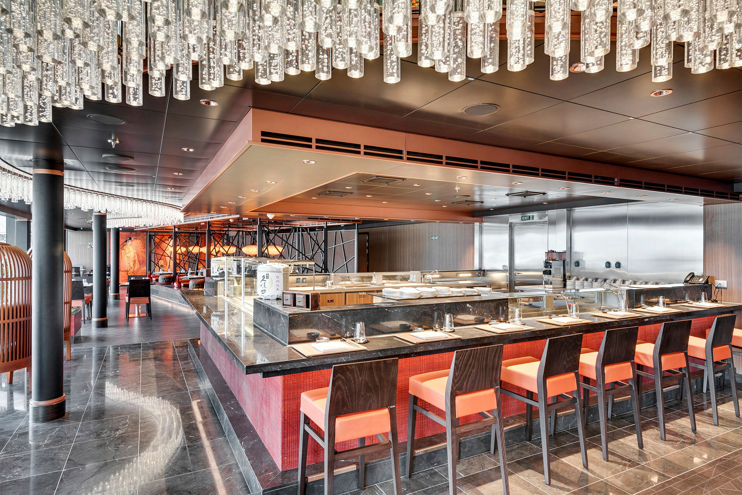 Interiör av en restaurang med sittplatser vid en bardisk och en modern design. (AI-genererad text)