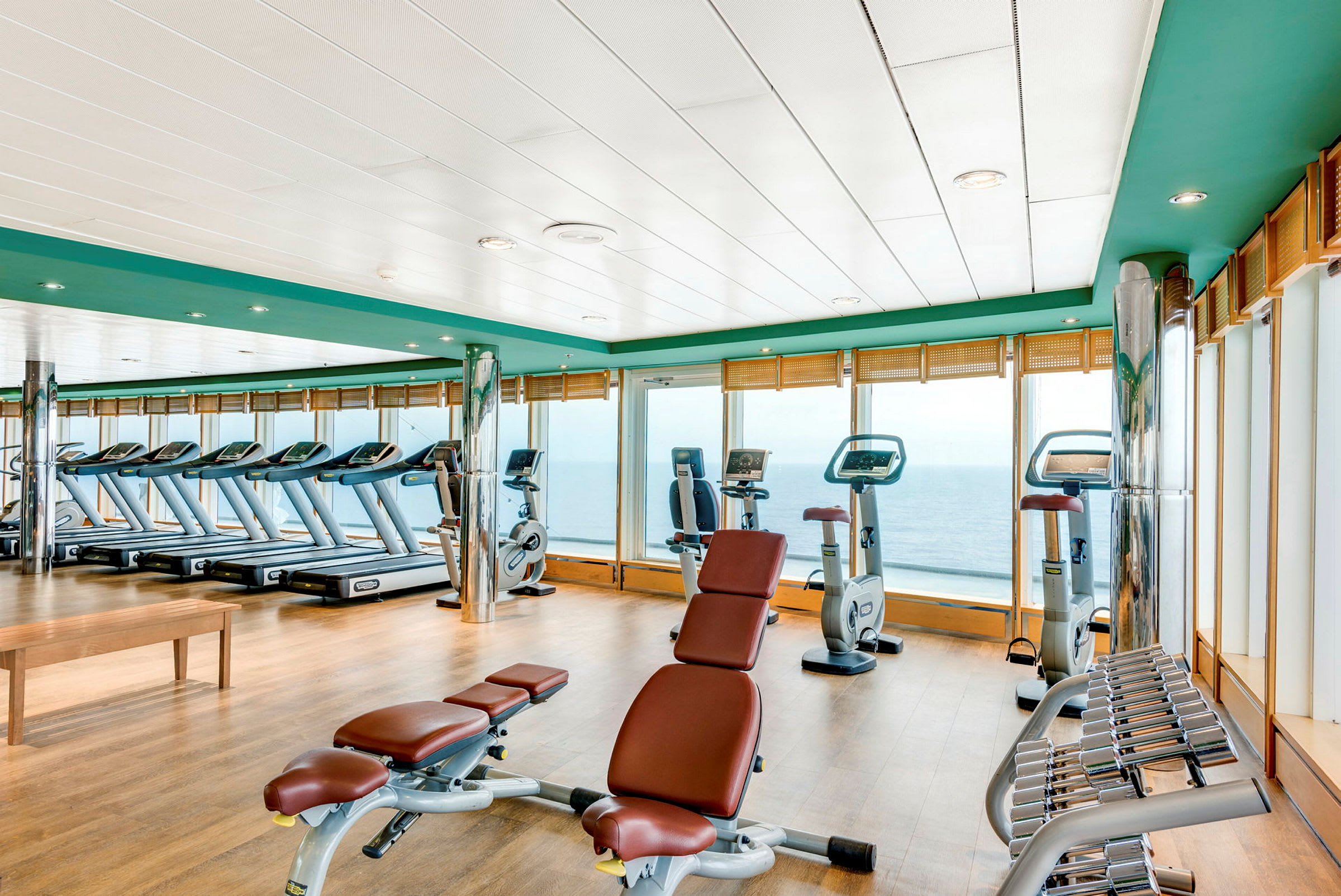 Ett gym med träningsmaskiner samt fria vikter med utsikt över havet. (AI-genererad text)