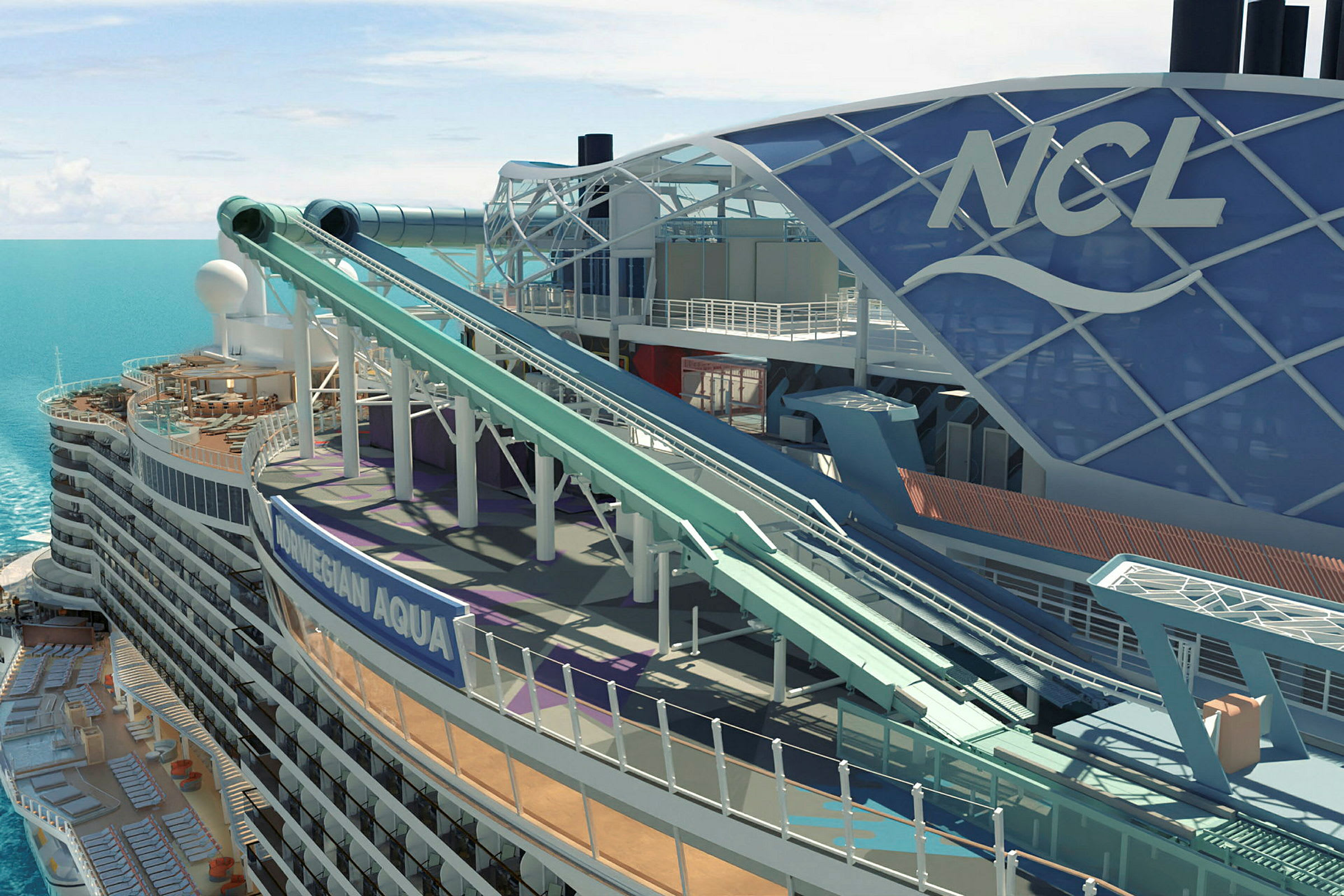 Bilden visar en kryssningsfartyg från Norwegian Cruise Line med vattenrutschbanor och soldäck. (AI-genererad text)