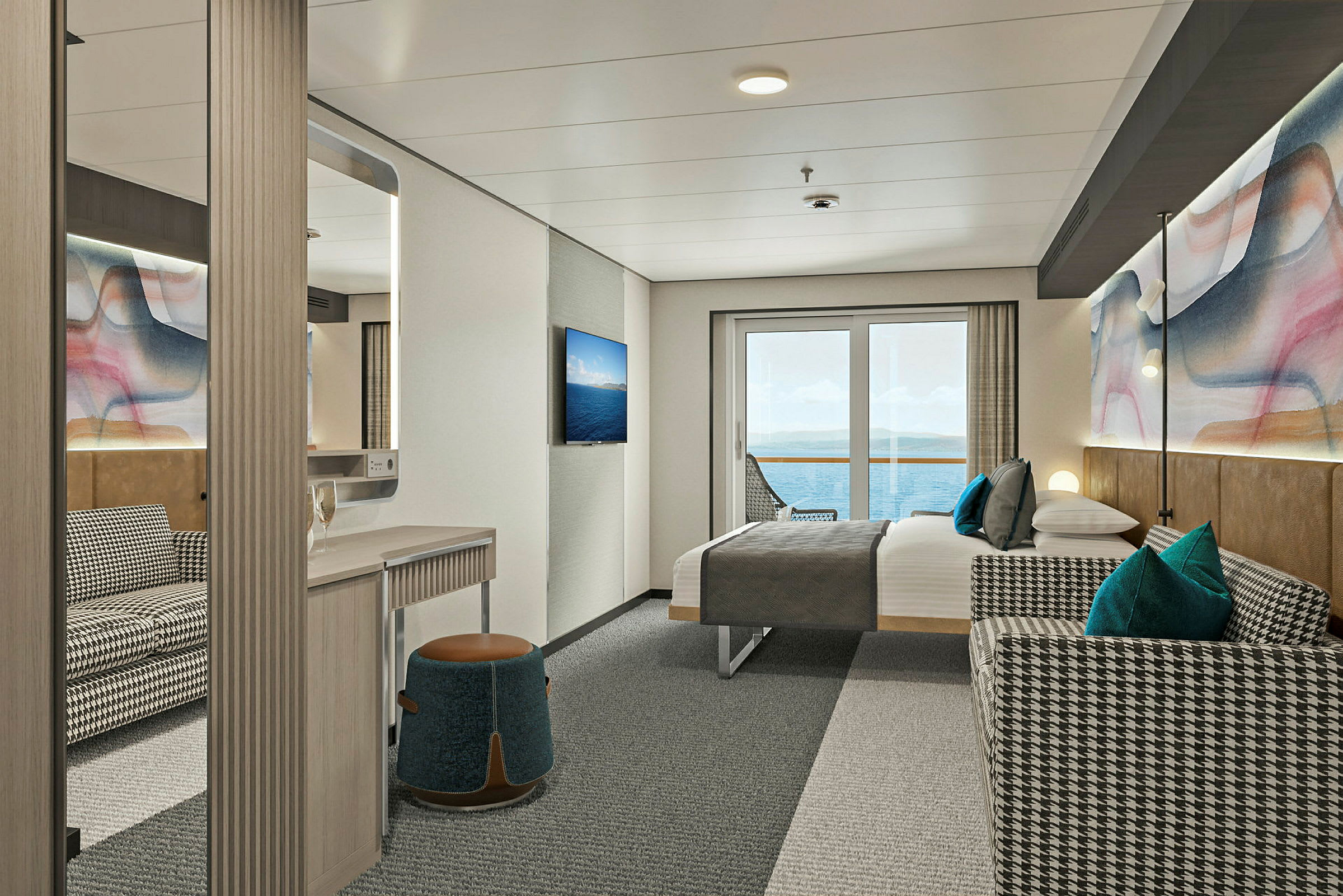 Modernt hotellrum med havsutsikt, bäddad säng och möbler. (AI-genererad text)
