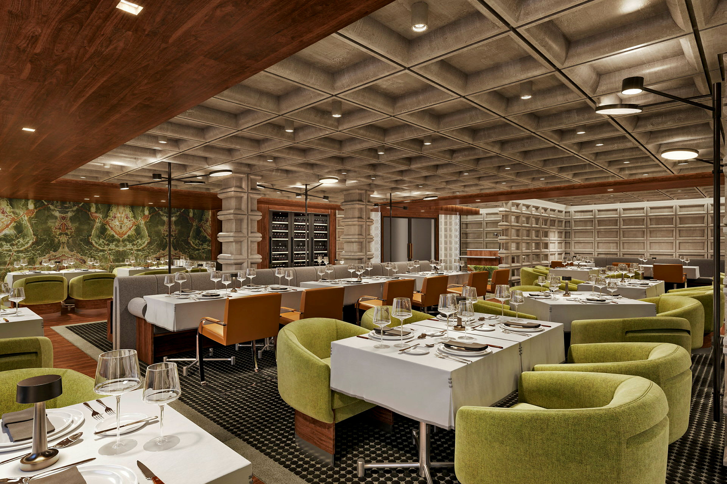 Interiör av en restaurang med gröna stolar och dukade bord. (AI-genererad text)