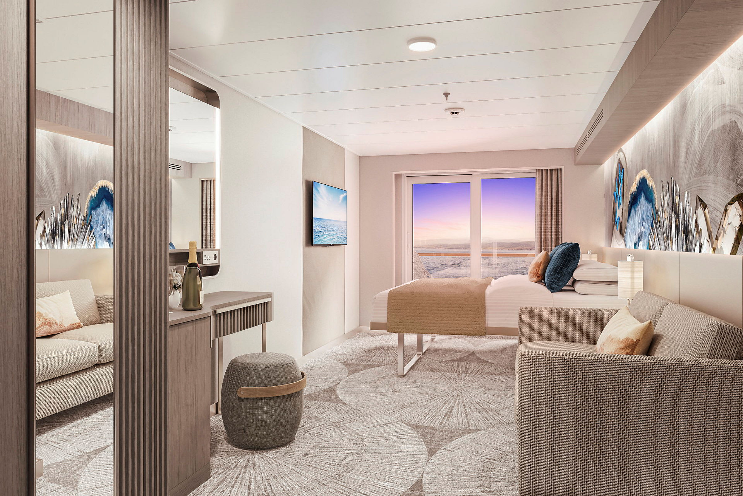 Modern hotellsvit med havsutsikt genom glasdörrar, stilfull inredning och bekväma möbler. (AI-genererad text)