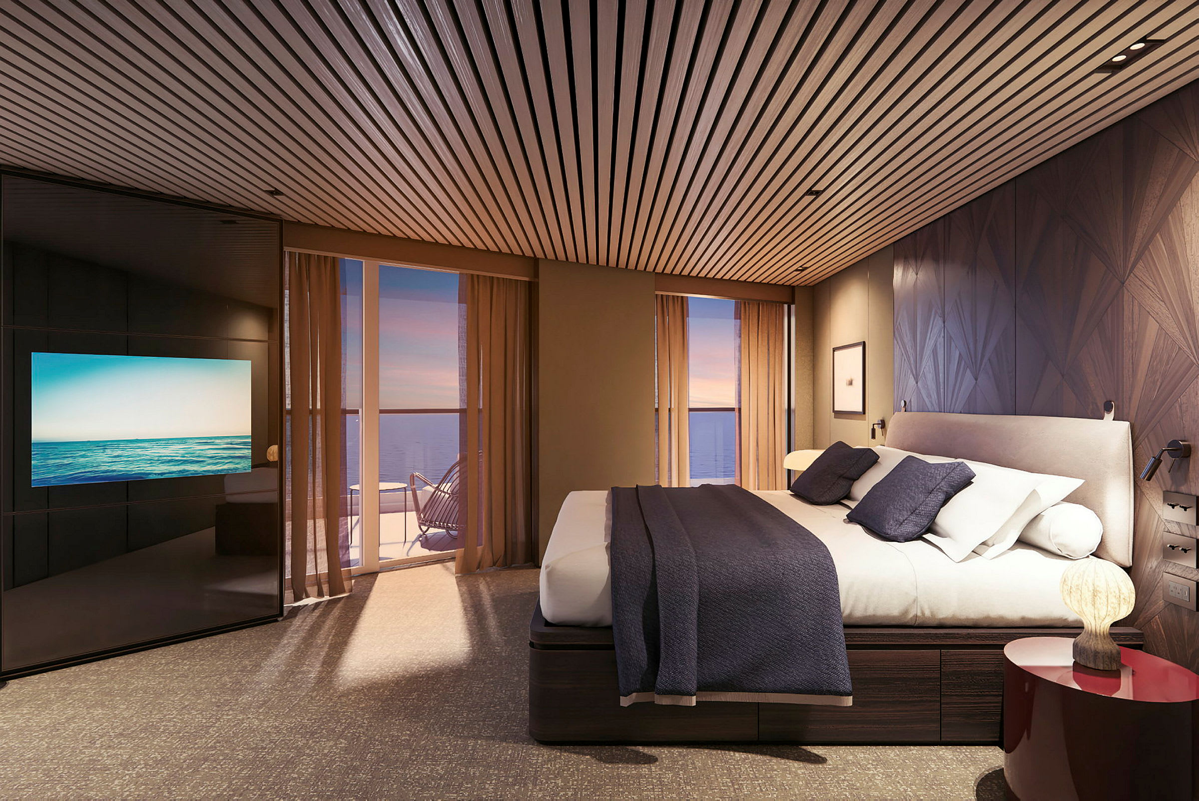 Moderna hotellrum med dubbelsäng och havsutsikt. (AI-genererad text)