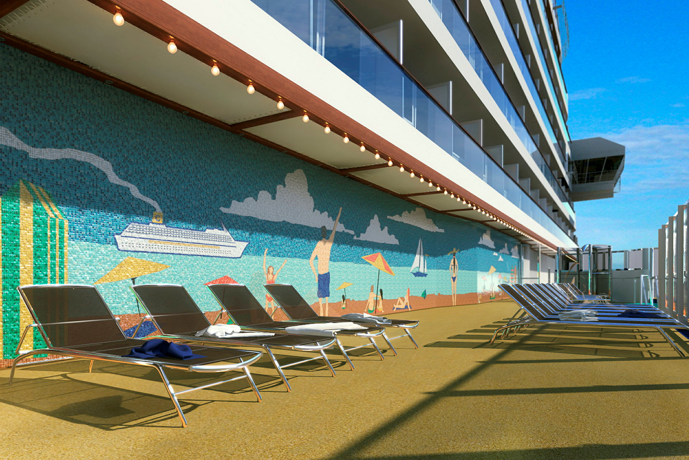 Solstolar vid en mosaikvägg med strandmotiv på ett kryssningsfartyg. (AI-genererad text)