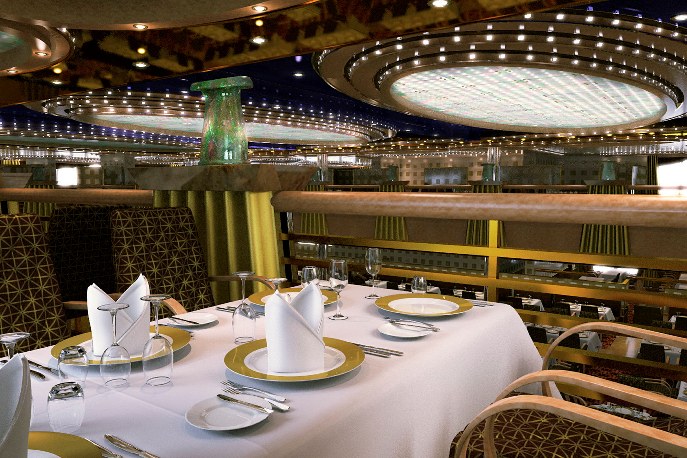 En elegant restaurang med dukade bord och ljuskronor i taket. (AI-genererad text)