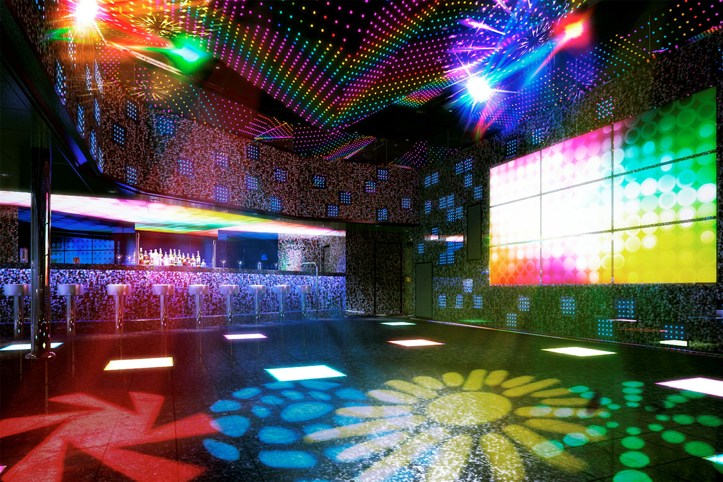 Interör av en nattklubb med ljusinstallationer, bar och dansgolv. (AI-genererad text)