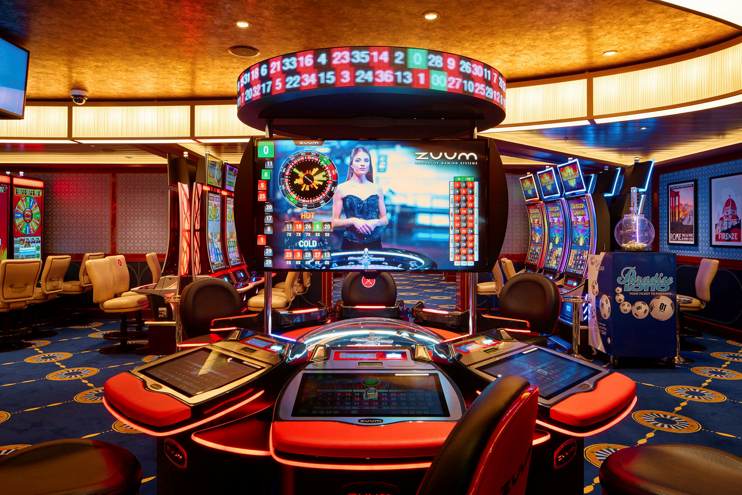 Interiör av ett kasino med spelautomater och elektroniska roulettbord. (AI-genererad text)