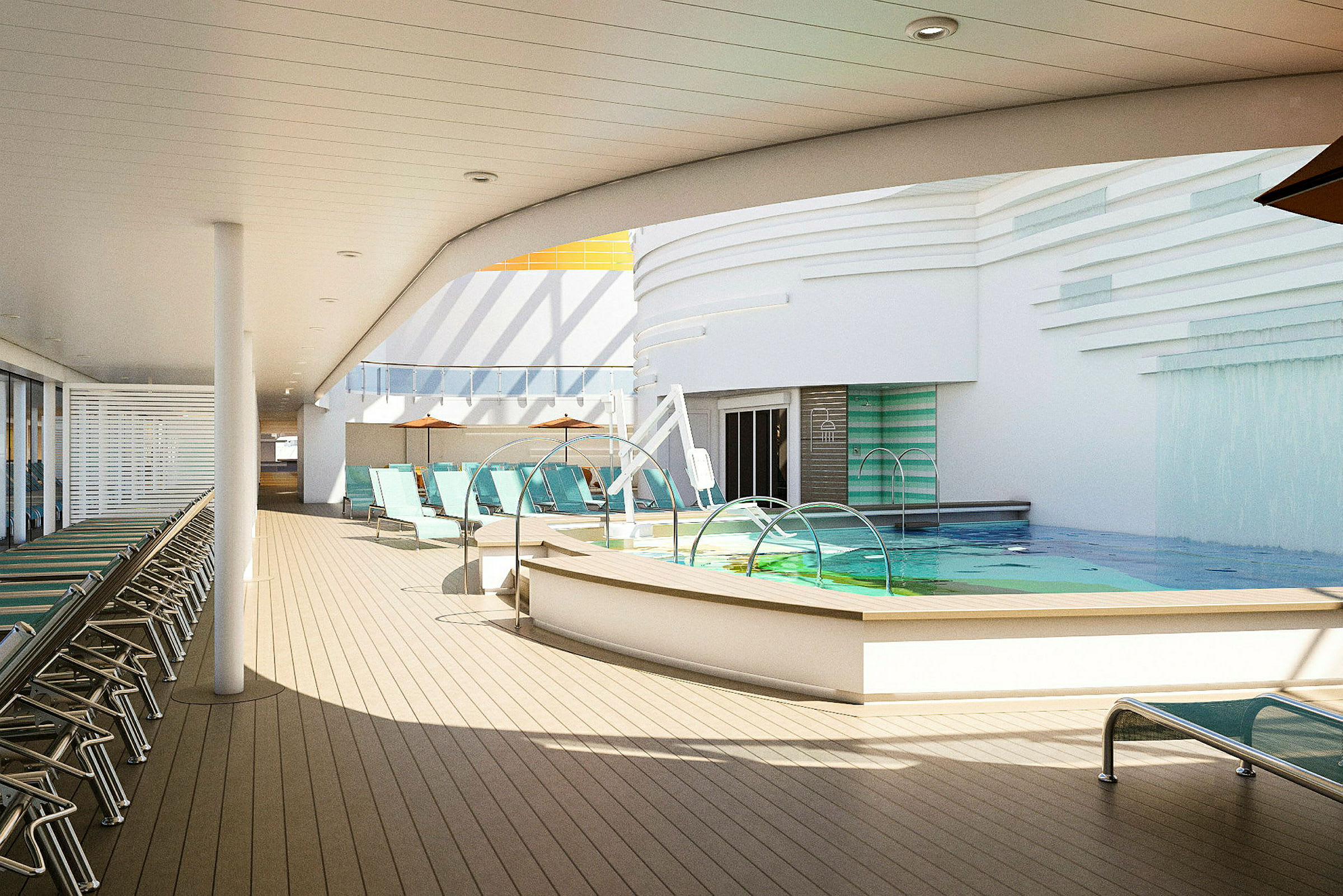 En ljus och modern poolområde med solstolar och ett vattenfall. (AI-genererad text)