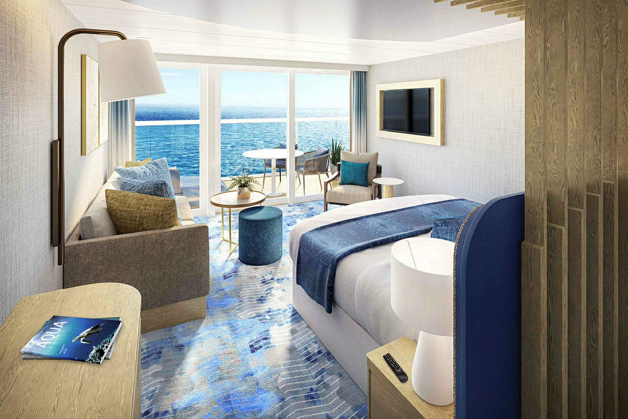 Ett modernt hotellrum med havsutsikt genom stora glasdörrar som leder till en balkong. (AI-genererad text)