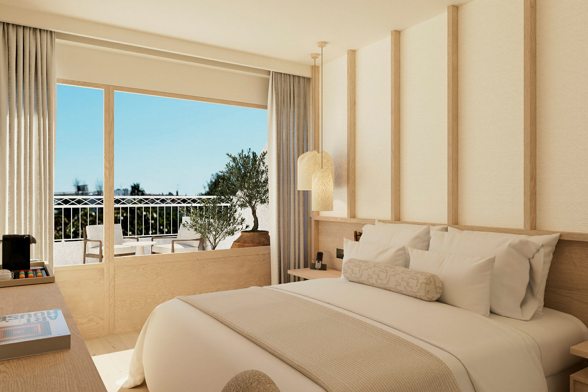 Ett hotellrum med modern inredning och en dubbelsäng. Fönstret visar en balkong med sittmöbler. (AI-genererad text)
