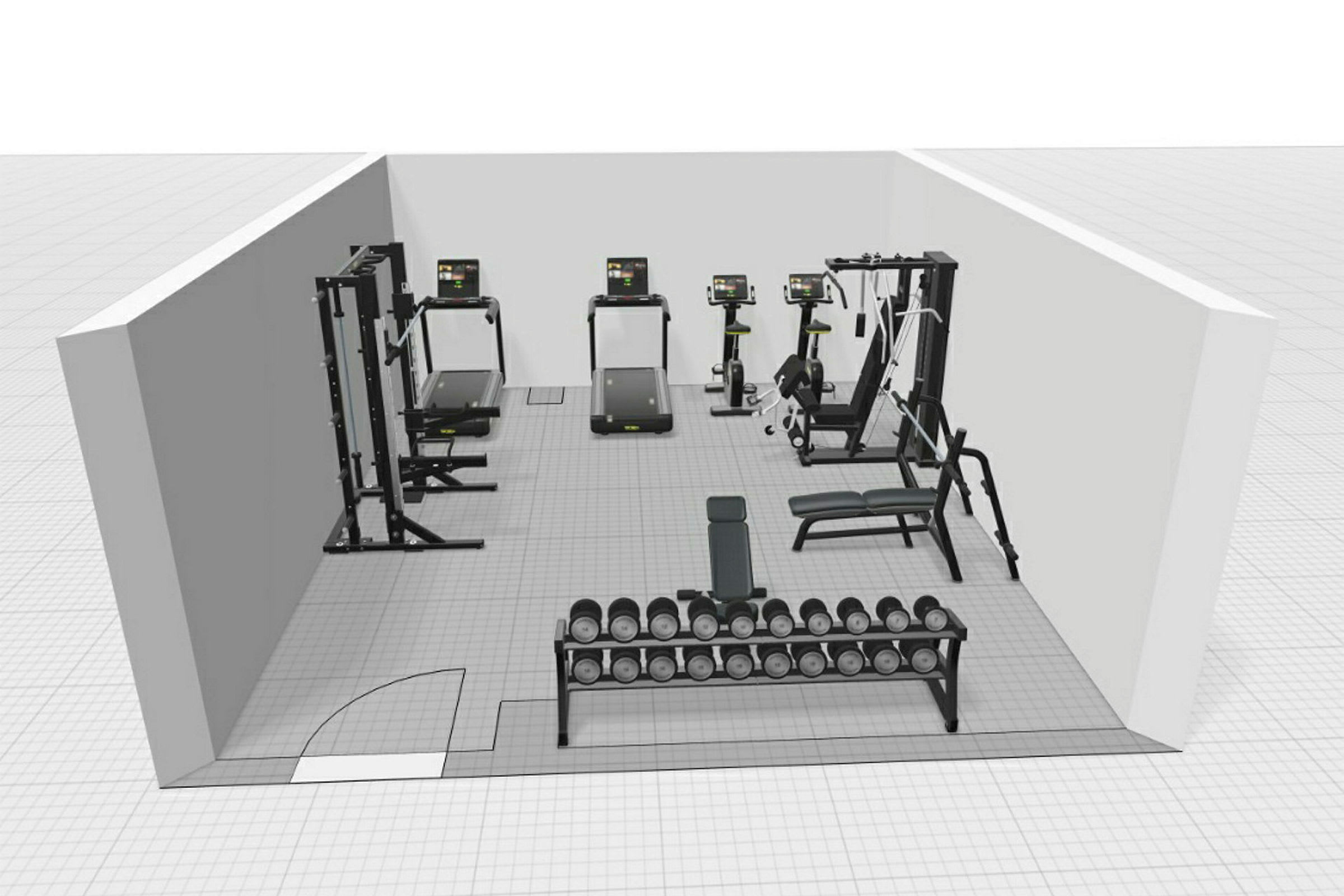 Ett gym med löpband, träningscyklar, viktbänkar och vikter. (AI-genererad text)