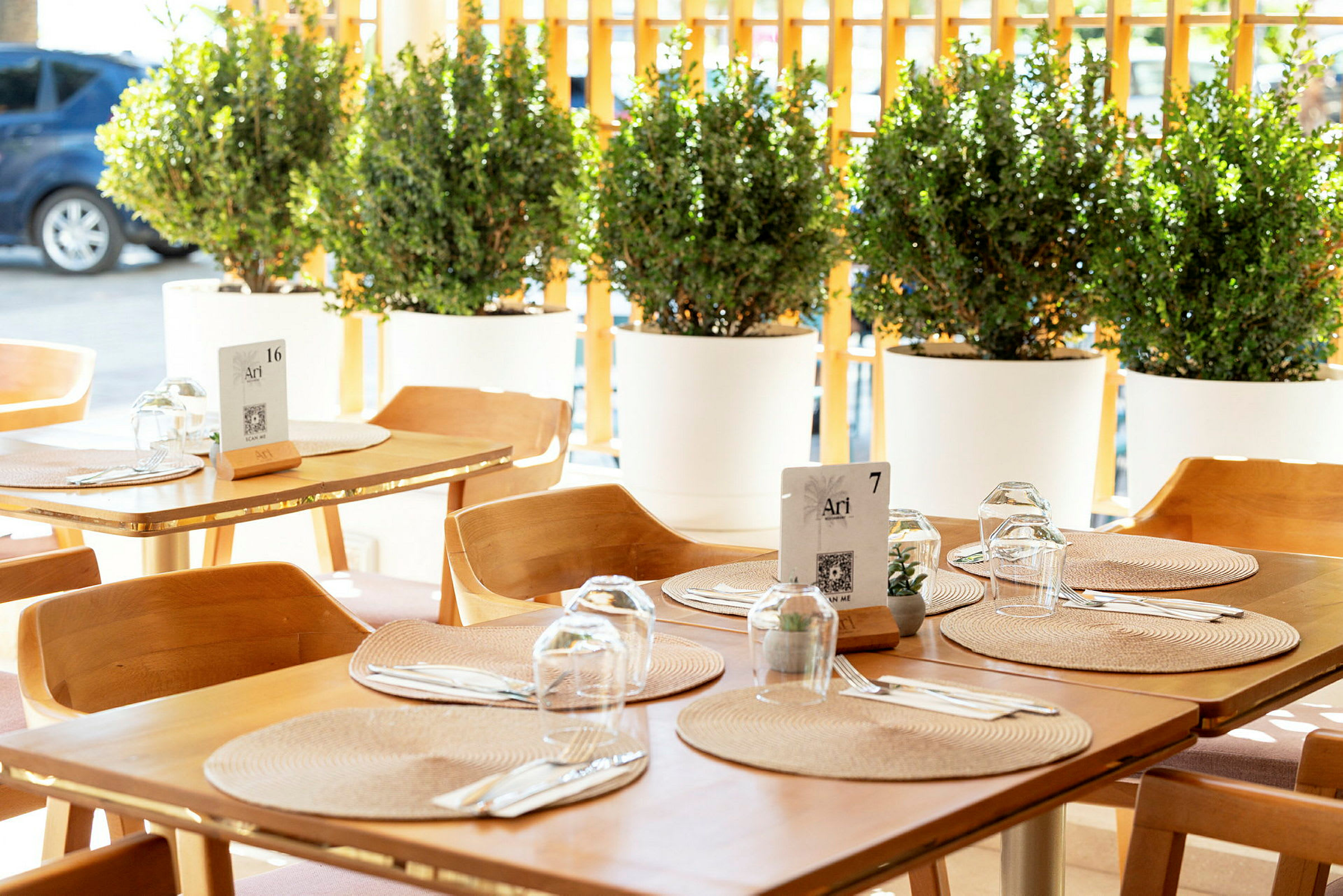 Uppsatt bord i restaurang med trästolar och runda underlägg, omgivna av gröna krukväxter. (AI-genererad text)