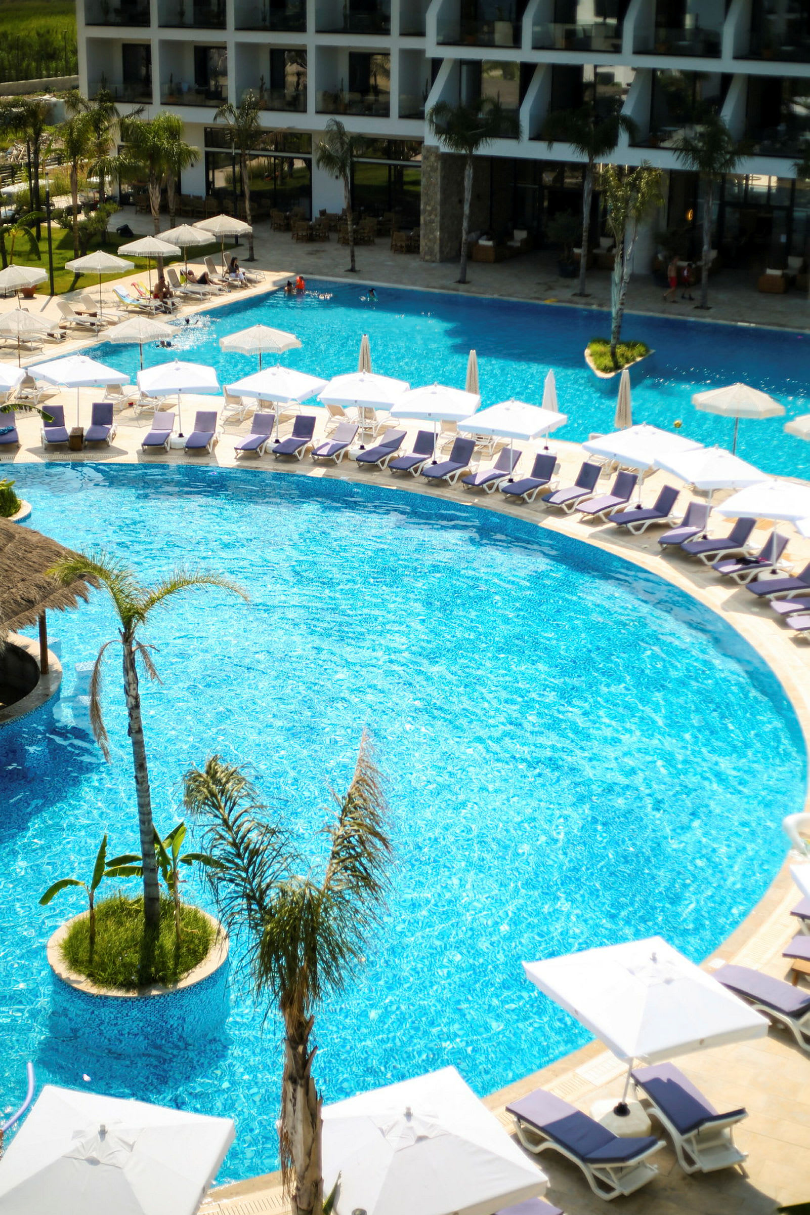 En swimmingpool med solstolar och parasoller vid ett hotell. (AI-genererad text)