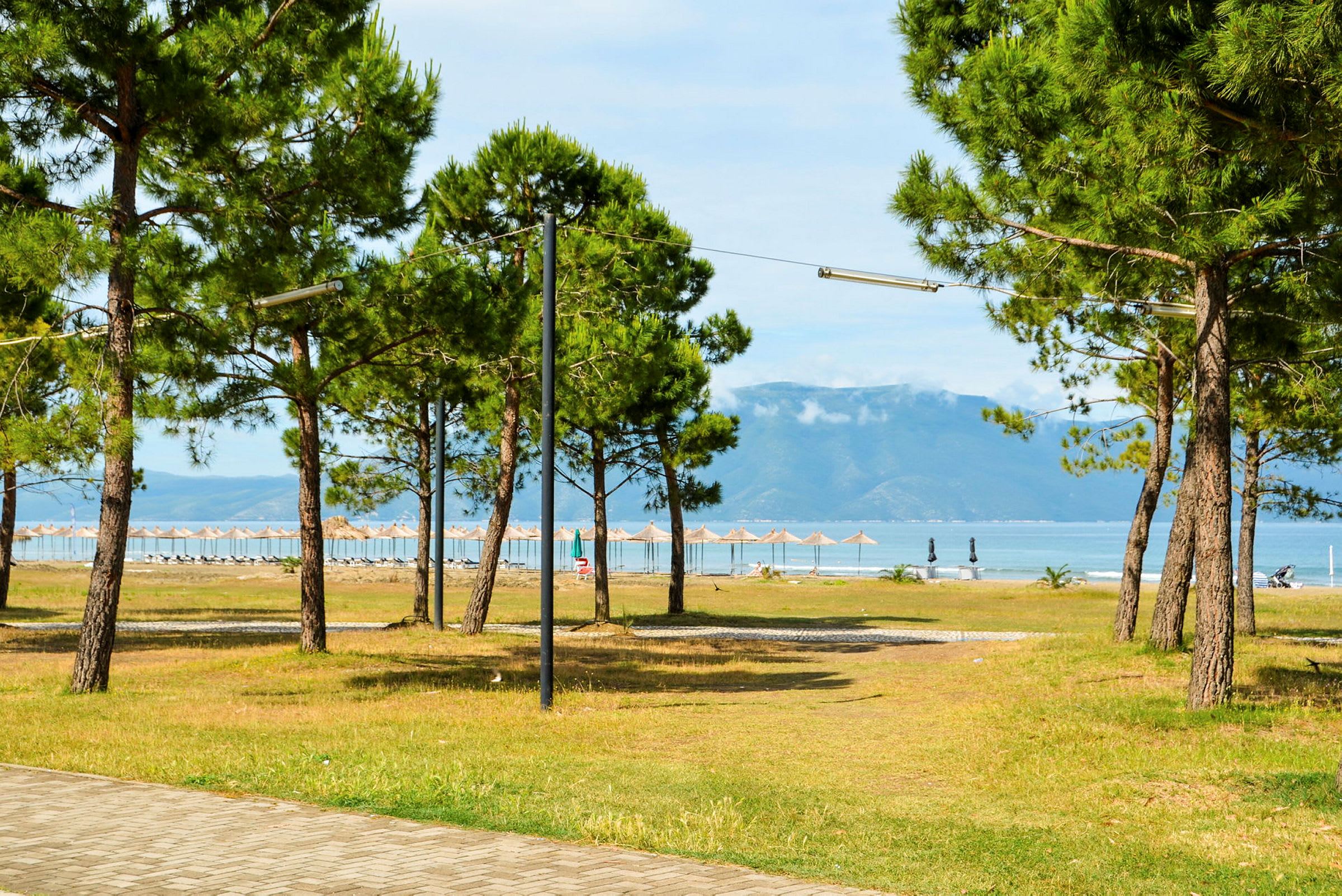 En strand med träd i förgrunden, parasoller och en bergsutsikt i bakgrunden. (AI-genererad text)