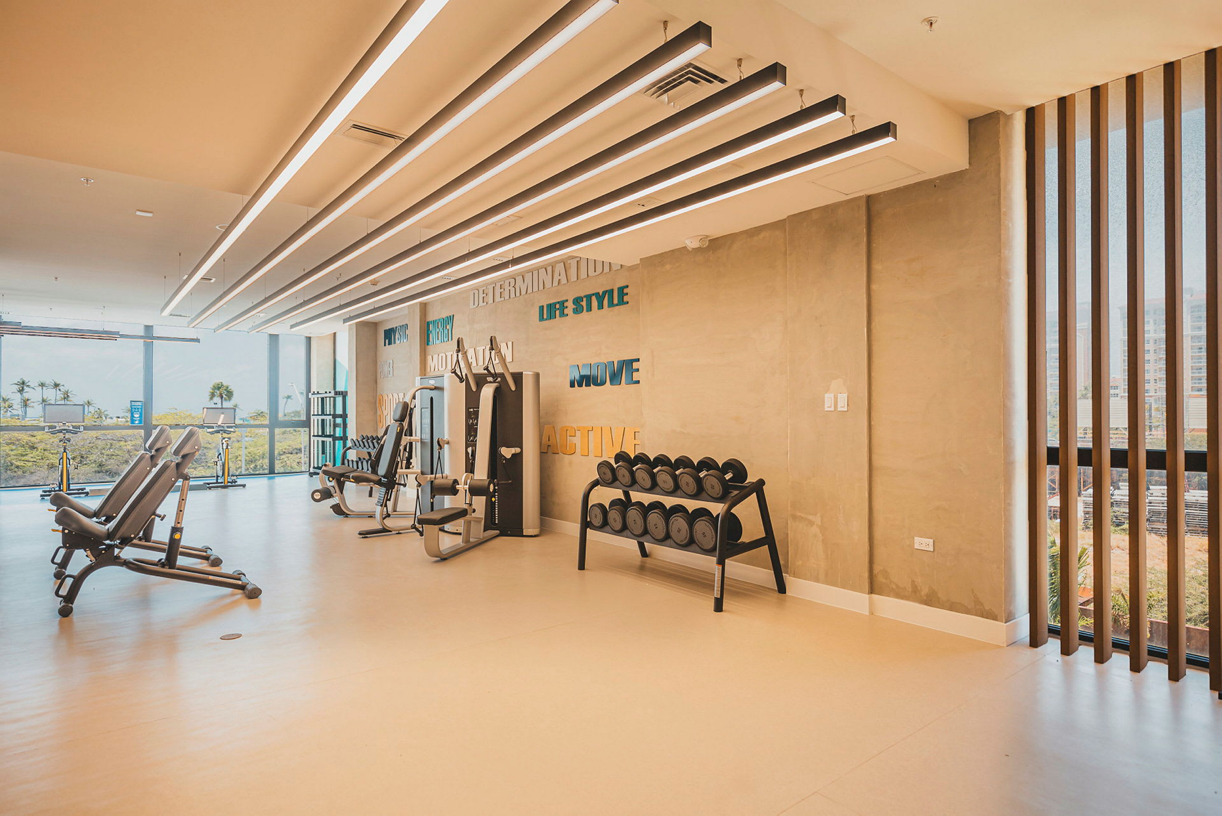Ett modernt gym med träningsmaskiner och hantlar, samt stora fönster som släpper in ljus. (AI-genererad text)
