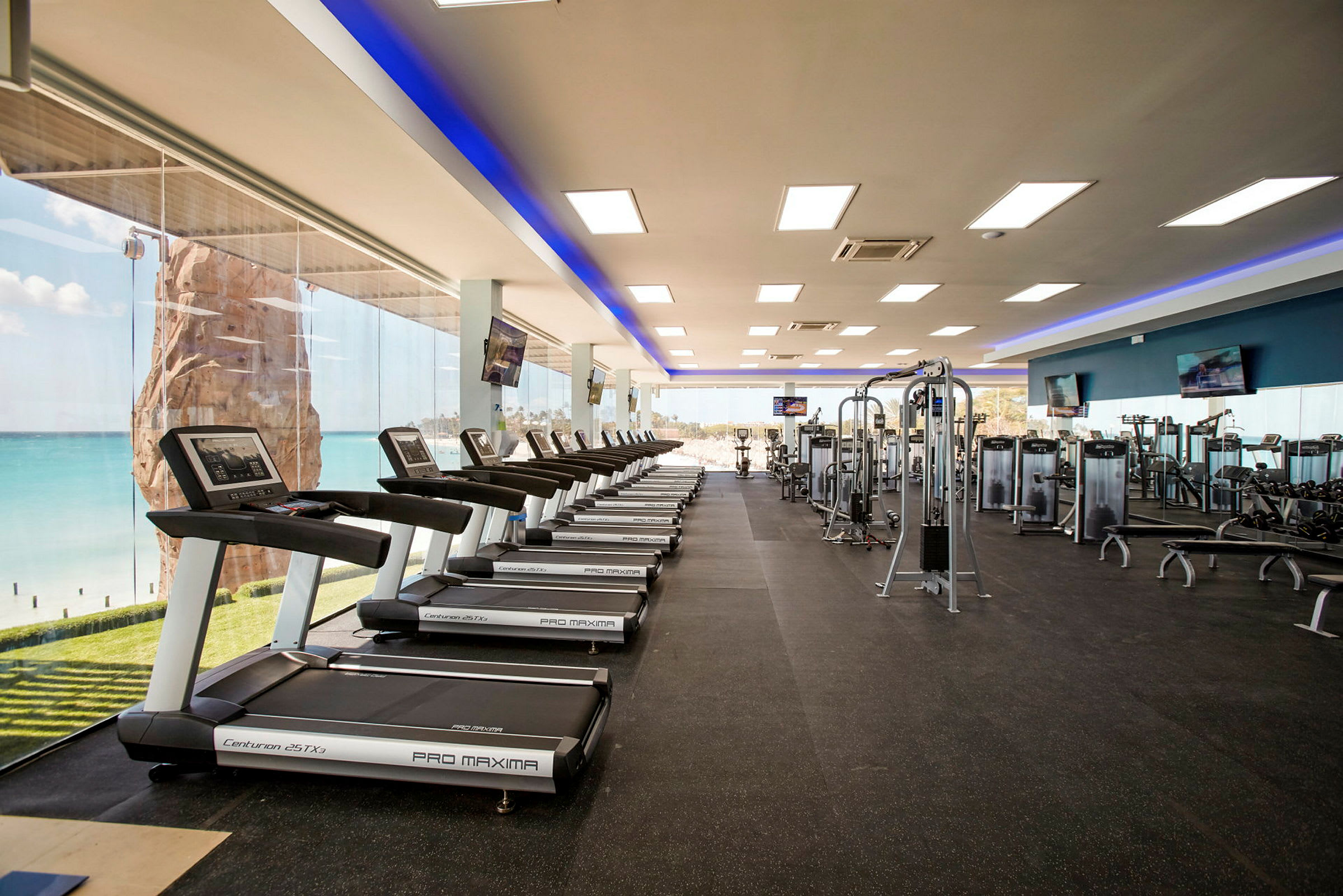 Ett gym med många löpband, träningsmaskiner och speglar. Stora fönster med utsikt över ett turkost hav och en klippa utanför. (AI-genererad text)