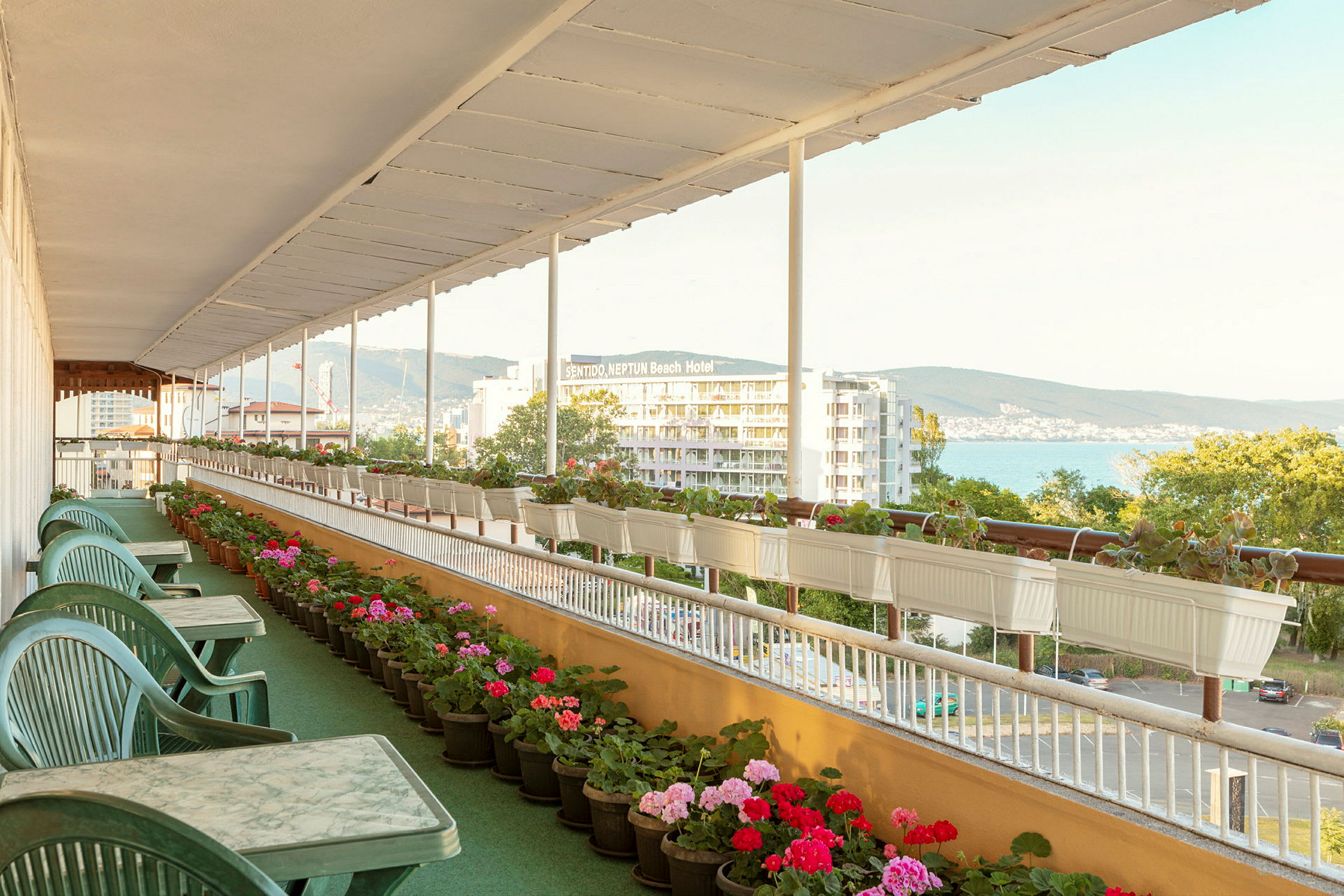 En terrass med gröna plaststolar och bord, omgiven av blomkrukor och utsikt över ett hotell och havet. (AI-genererad text)