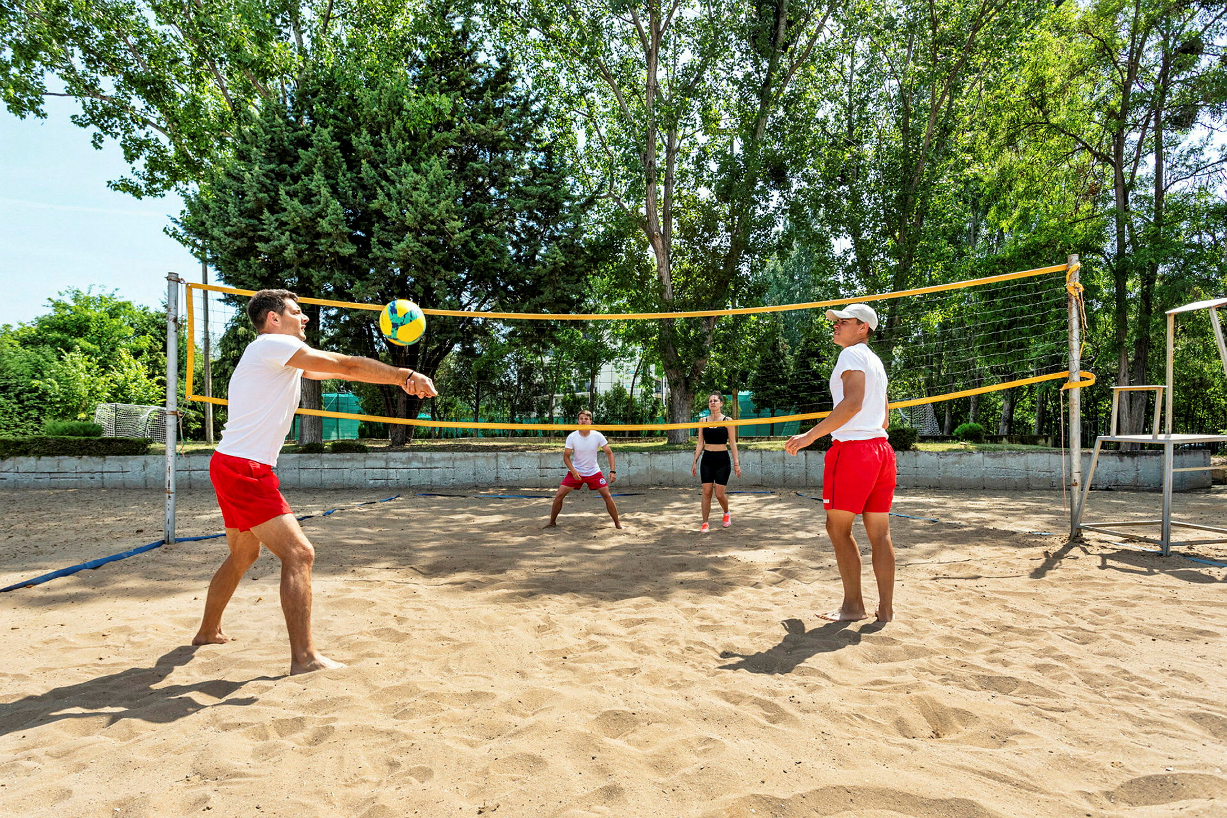 Personer spelar volleyboll på en sandbana utomhus omgiven av gröna träd. (AI-genererad text)