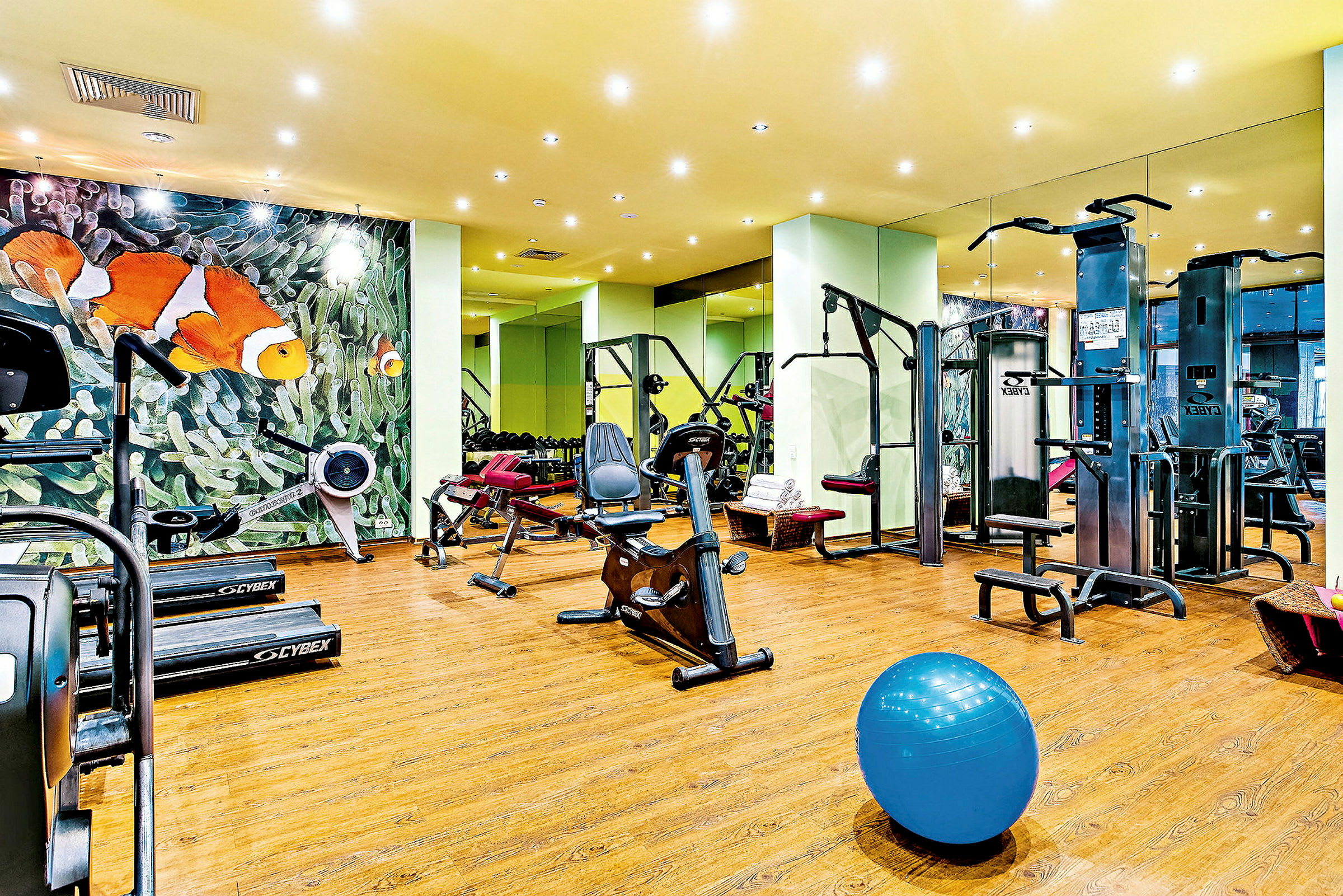 Ett gym med träningsutrustning och en väggmålning av clownfiskar. (AI-genererad text)