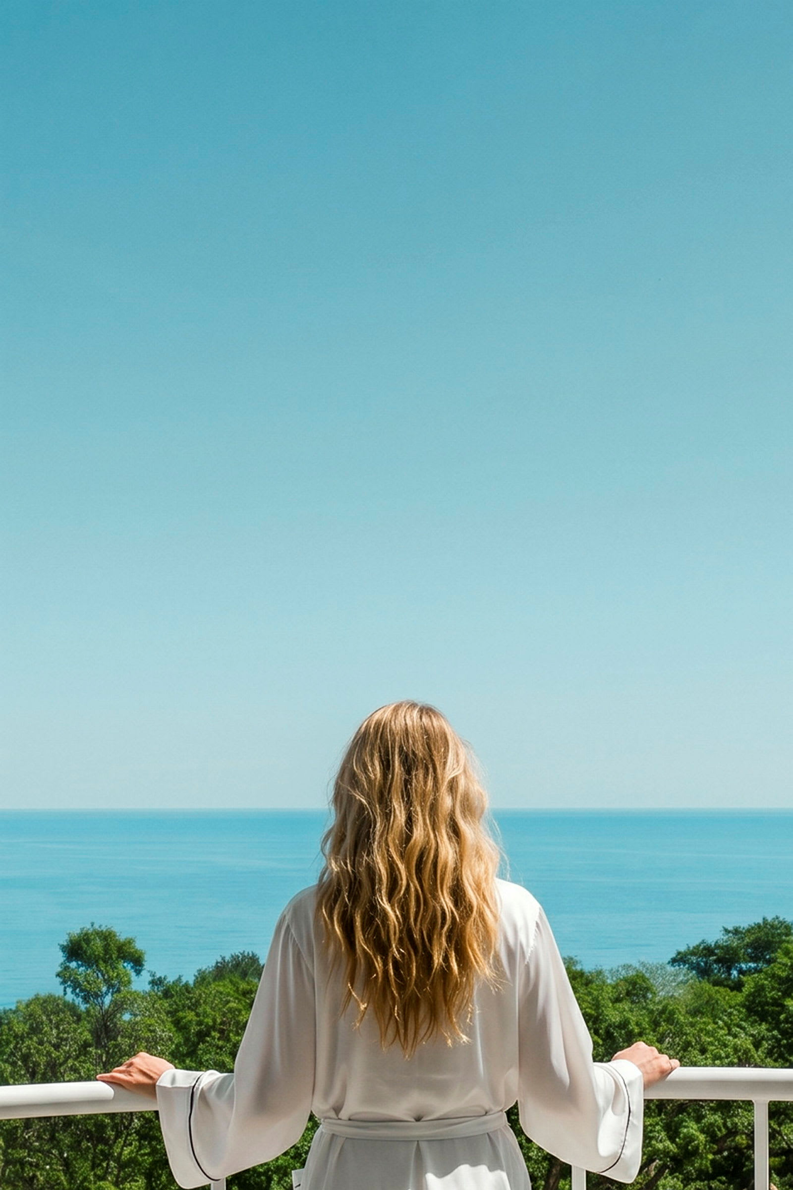 En person med långt hår iförd vit morgonrock står på en balkong som vetter mot havet och grönska. (AI-genererad text)