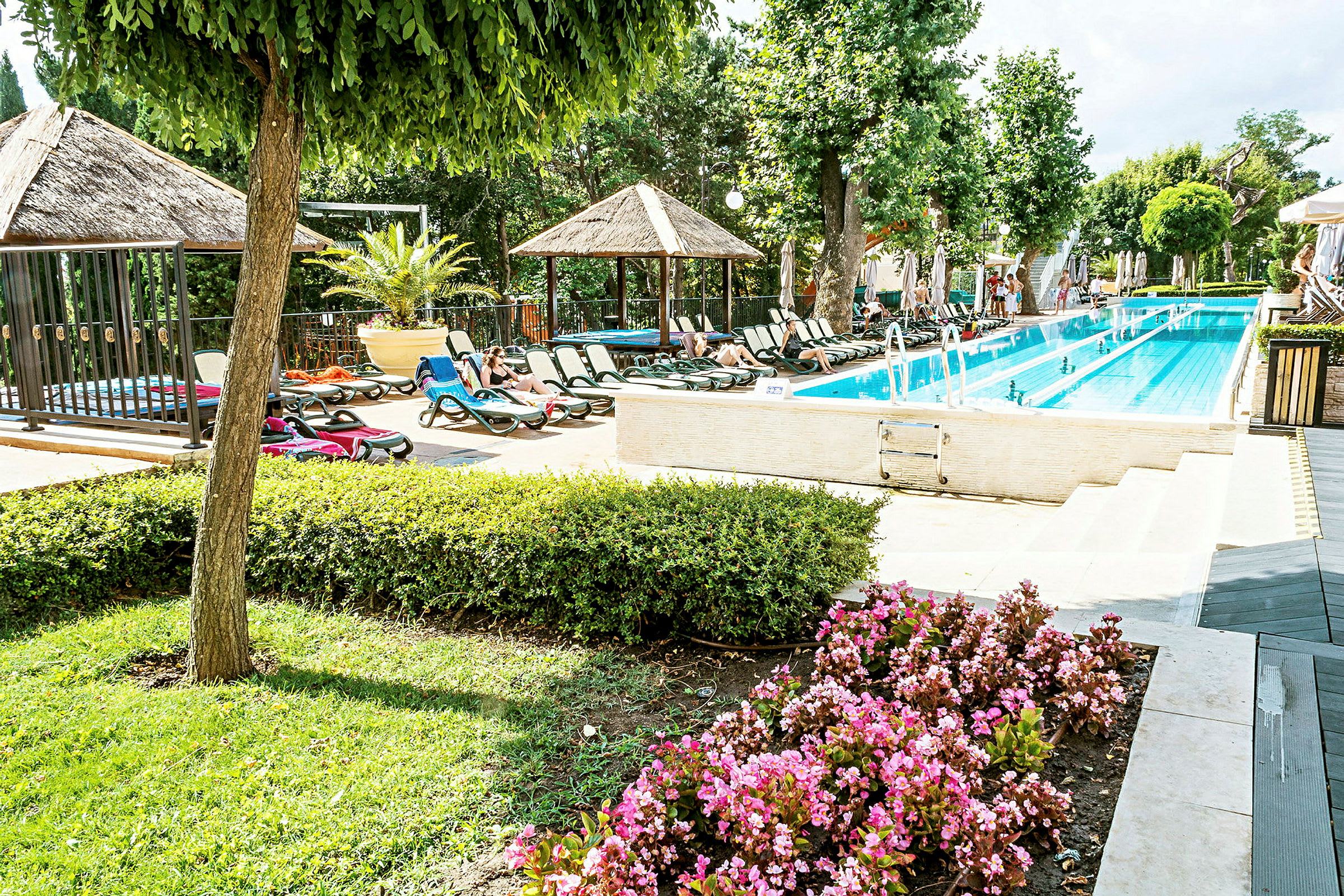 En swimmingpool med solstolar och parasoller i en trädgårdsmiljö. (AI-genererad text)
