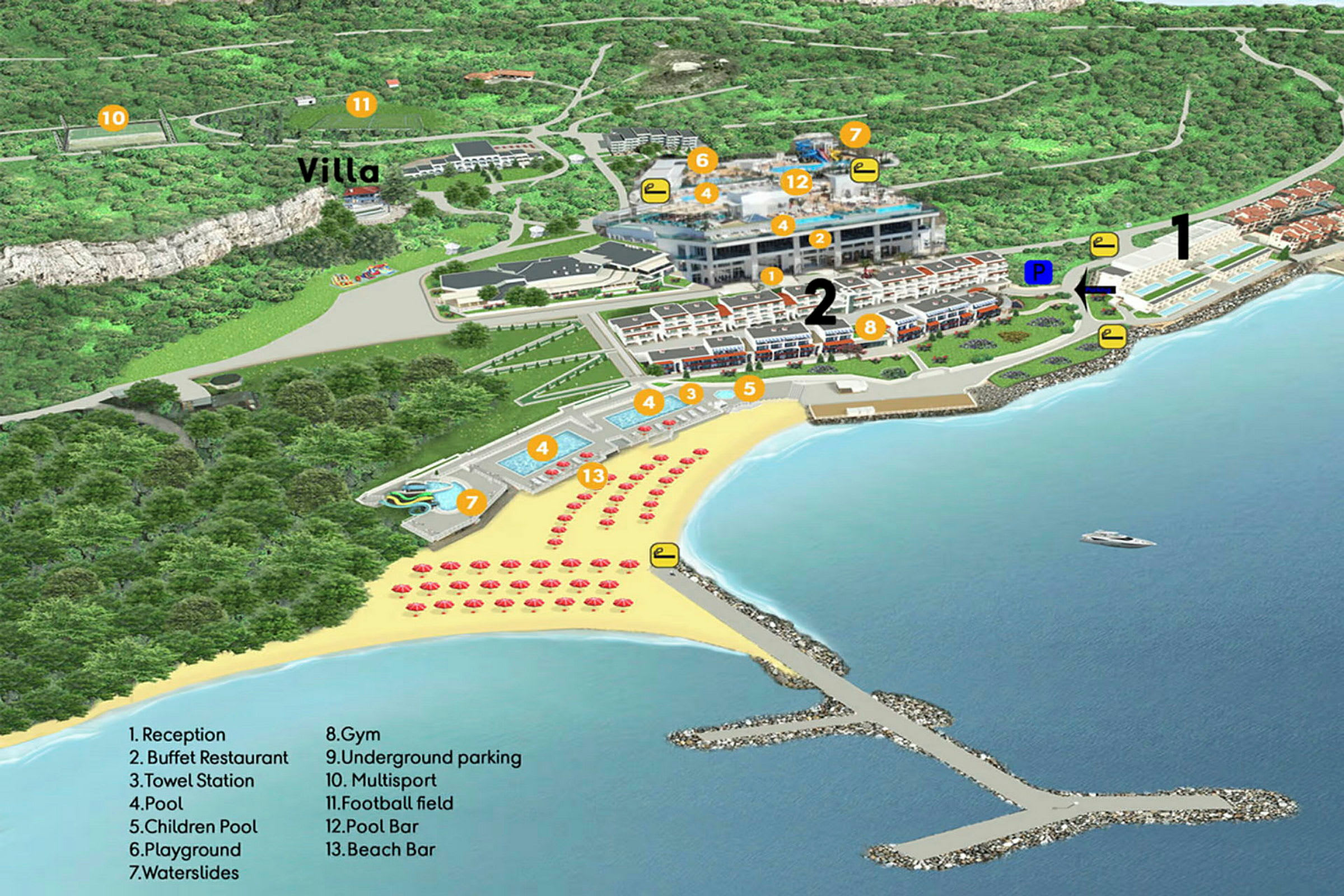 Illustration av semesteranläggning med byggnader, simbassänger, strand med solstolar och parasoller, och omgivande grönområden. (AI-genererad text)