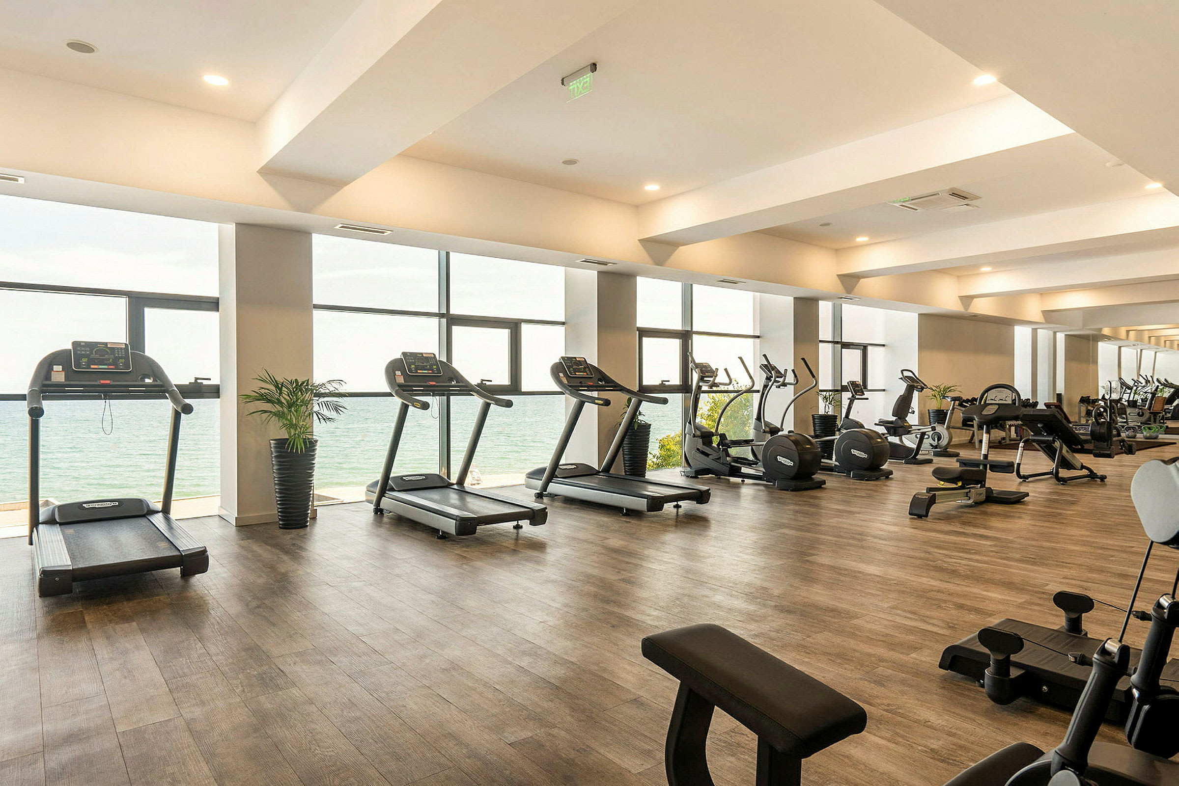 Gym med träningsmaskiner och havsutsikt. (AI-genererad text)
