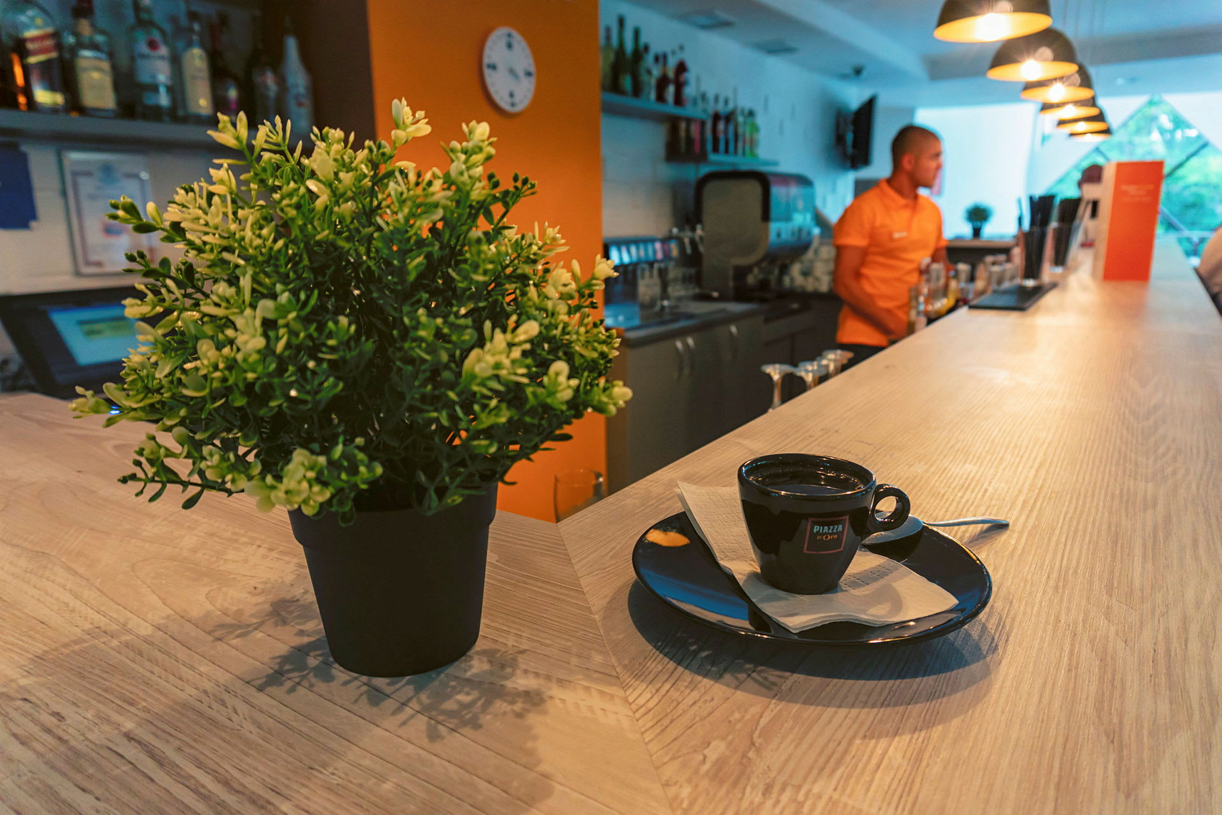 Ett kafébord med en kaffekopp och växt. (AI-genererad text)