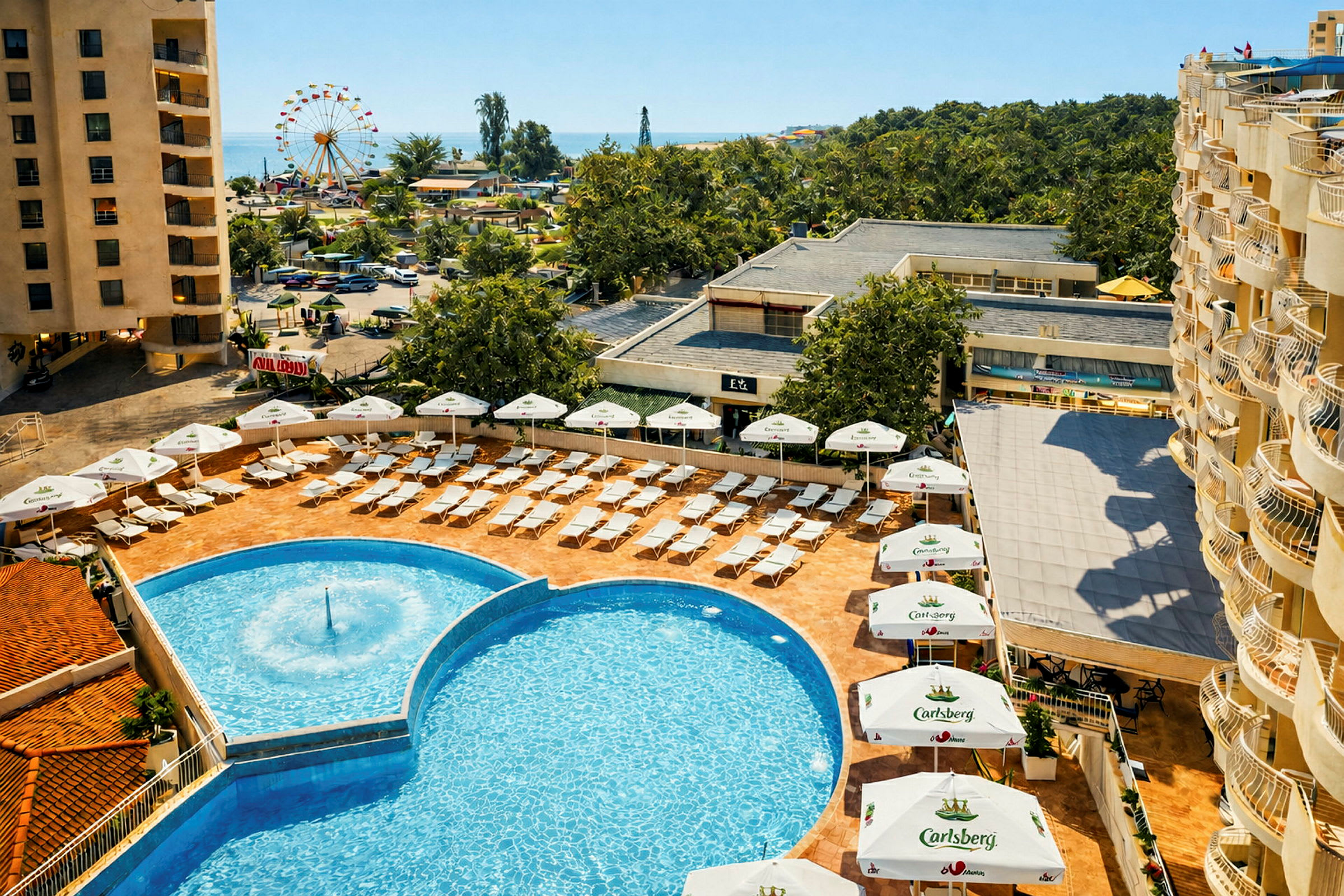 Hotellpoolområde med solstolar och parasoller, samt omgivande byggnader och en park i bakgrunden. (AI-genererad text)