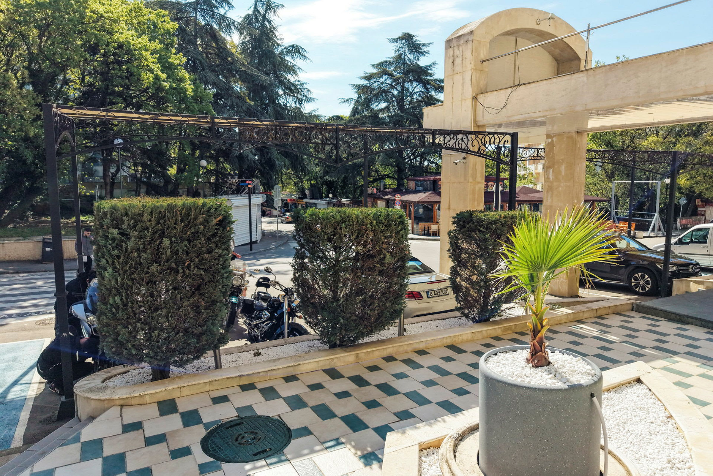 Bilden visar en utemiljö med en gångväg av kakelplattor omgiven av växter, små buskar och en palm i en kruka. (AI-genererad text)