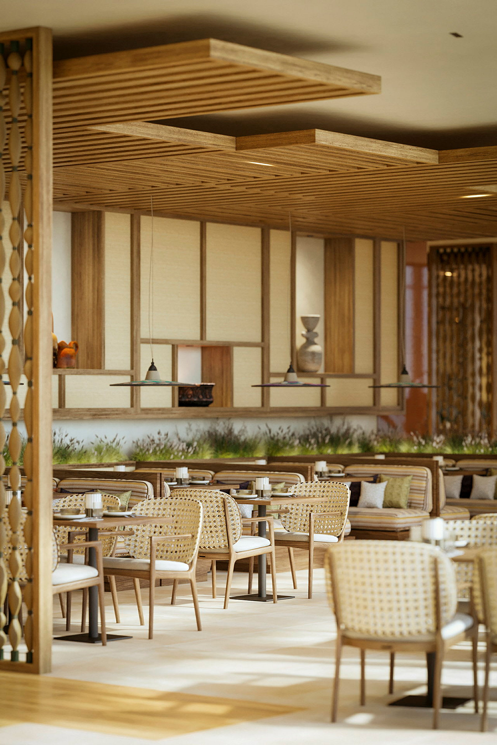 En modern restaurang med träinredning, bord, stolar och soffor. Väggar dekorerade med paneler och hyllor. (AI-genererad text)